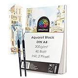 OfficeTree Aquarellblock A4 300g 40 Blatt - Aquarellpapier A4 Weiß – Zeichenblock A4 für Wasserfarben - Papier für Aquarellmalerei - 2 Pinsel gratis